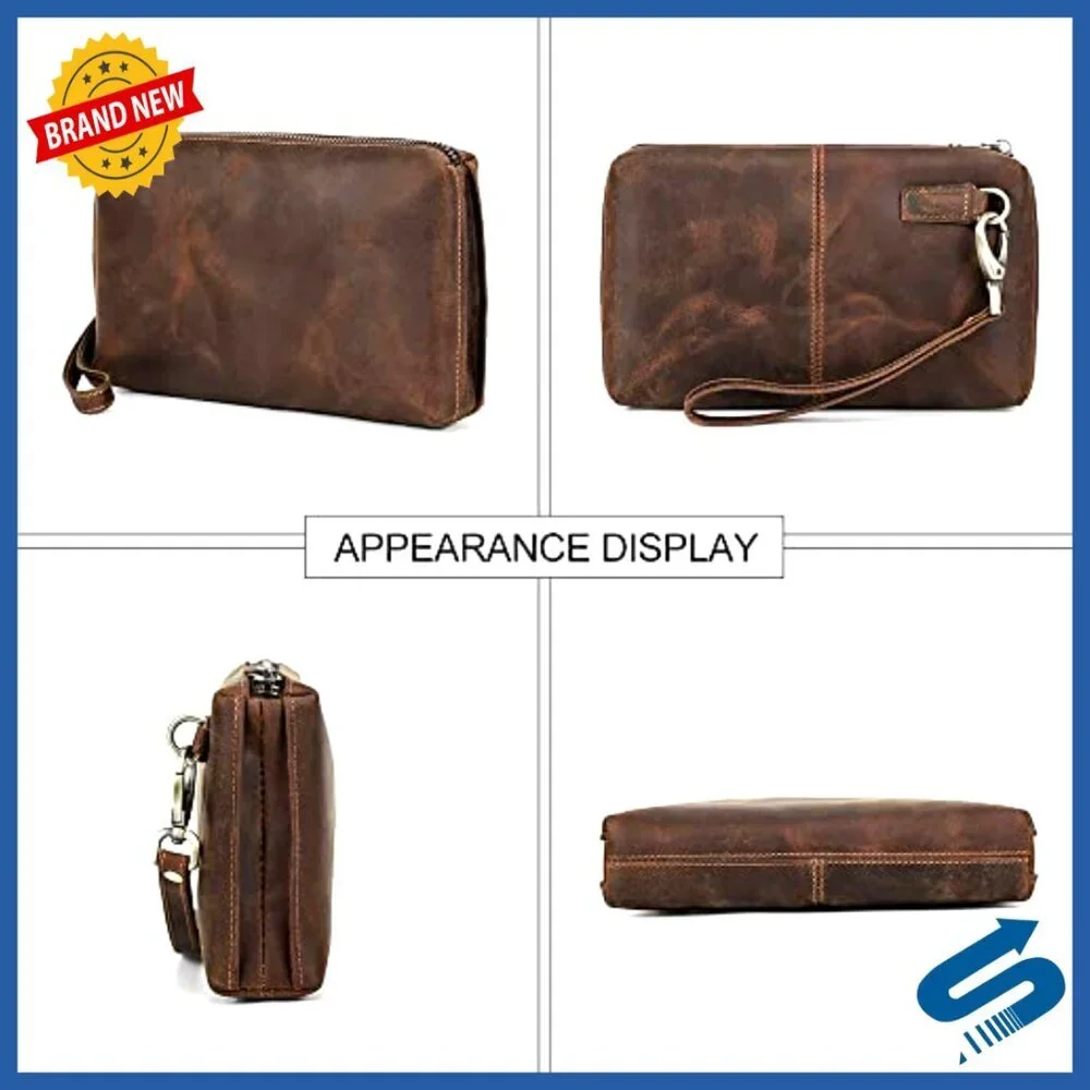 Leather Clutch Wallet for Men, RFID Blocking, Large Capacity Travel Organizer